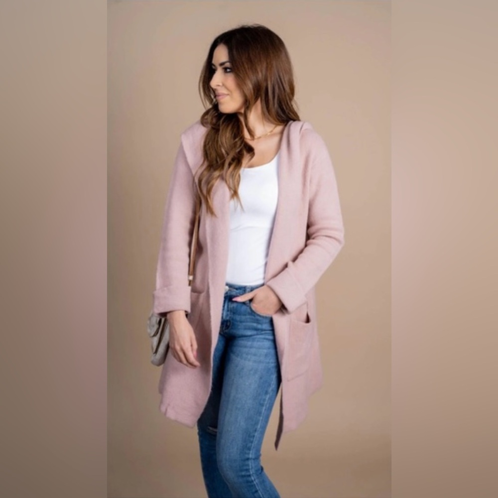 Hooded Cardigan Duster Textured Knit Sweater Soft Rose Blush Pink Size 2XL - Picture 4 of 16